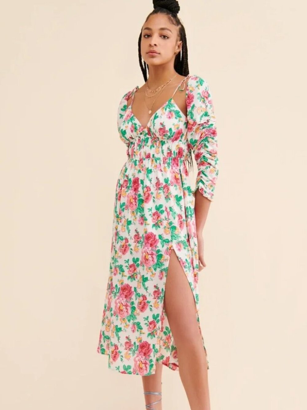 For Love & Lemons Cream Maxi Dress with Pink Floral Print